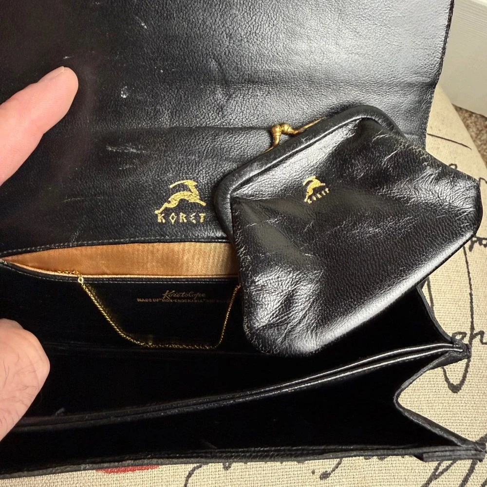 Vintage Koret Black Koretelope Kid Suede Handbag with Coin Purse Gold Hardware
